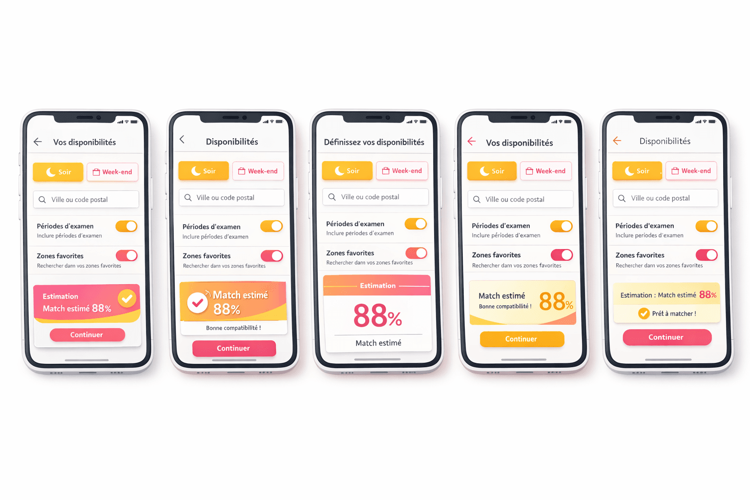 Écran mobile montrant la déclaration de disponibilités (soir, week-end, zones, match estimé 88 %).