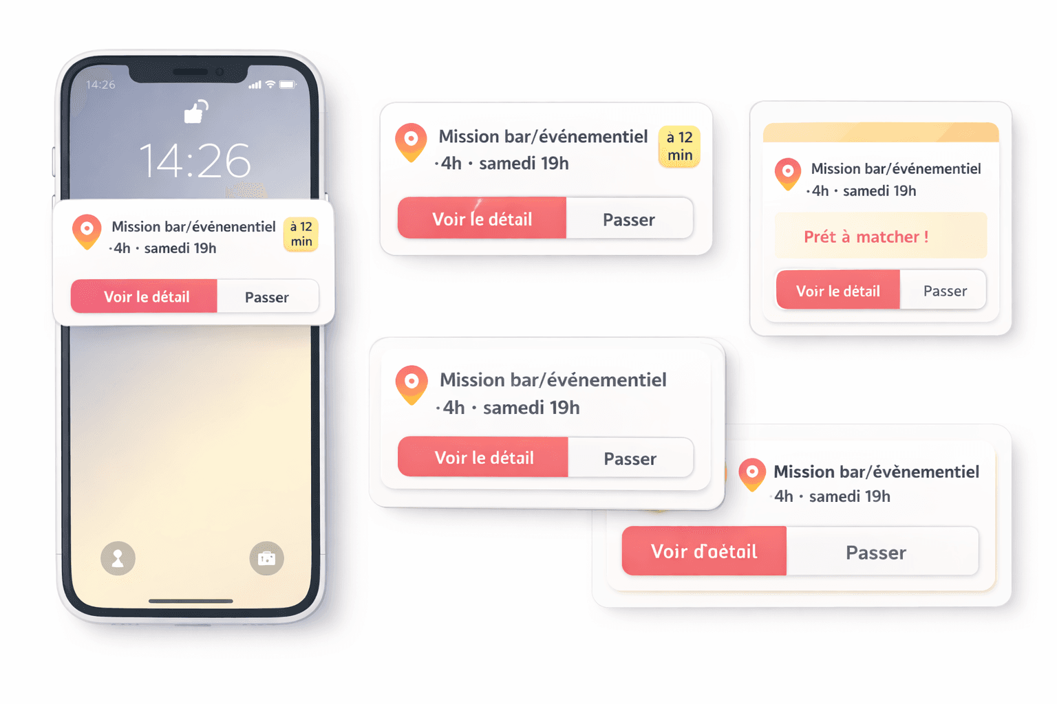 Notification mobile montrant une mission bar/événementiel avec durée, heure et distance.